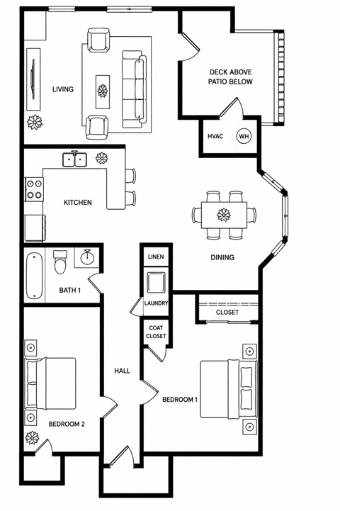Floor plan for 2 beds, 1 bath, 910 sqft
